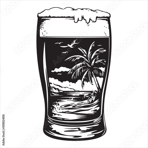 Vector cricut silhouette of a Beer with Beach scene, inside, high resolution shapes, high detail, white background vector.