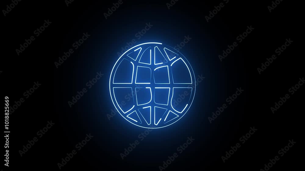symbol Neon globe cyan icon animation plane world map neon black background. blue color world icon animation symbol Neon globe cyan icon animation plane world map neon black background. blue color world icon animation