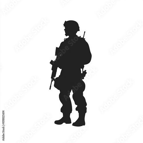 American military standing with gun in hand vector silhouette isolated white background