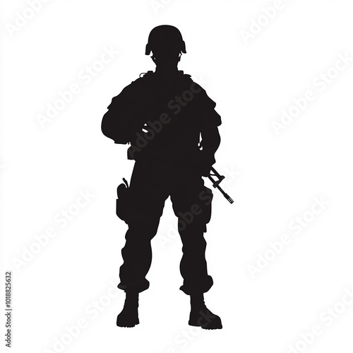 American military standing with gun in hand vector silhouette isolated white background