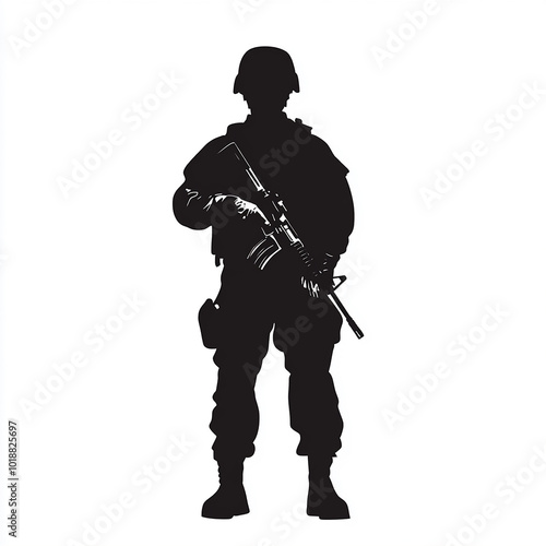 American military standing with gun in hand vector silhouette isolated white background
