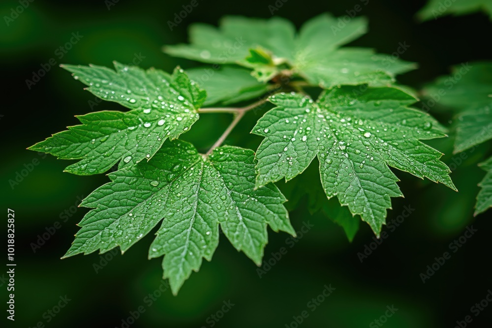 Fresh green leaves with dew drops on a branch in a lush forest Fresh green leaves with dew drops on a branch in a lush forest