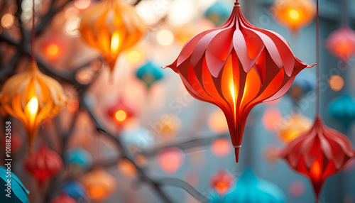 Vibrant paper lanterns glowing in warm and cool hues against blurred festive background photo