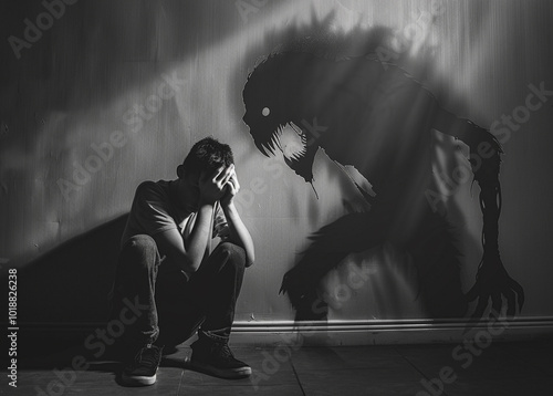 A man sits with his head in his hands, while a menacing shadow in the shape of a monster looms over him, symbolizing internal struggles and fear.

