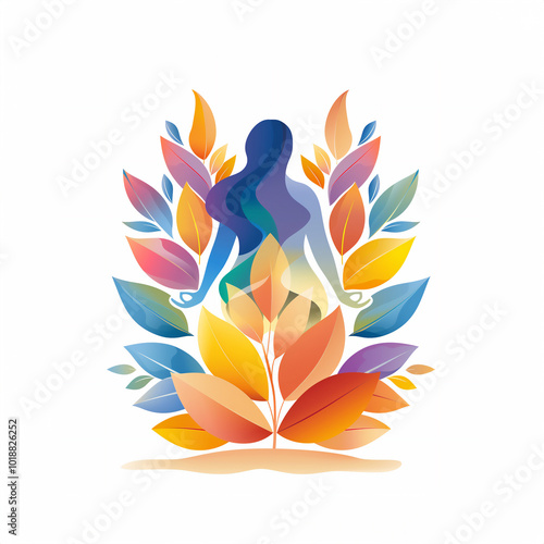 A plump woman sits gracefully in a lotus position, completely surrounded by vibrant and colorful leaves that create a beautiful atmosphere around her