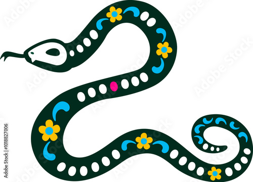 Mexican day of the dead snake reptile animal tattoo decorated with bright floral patterns and dotted accents along its body. Isolated vector festive serpent sugar skull, traditional holiday skeleton
