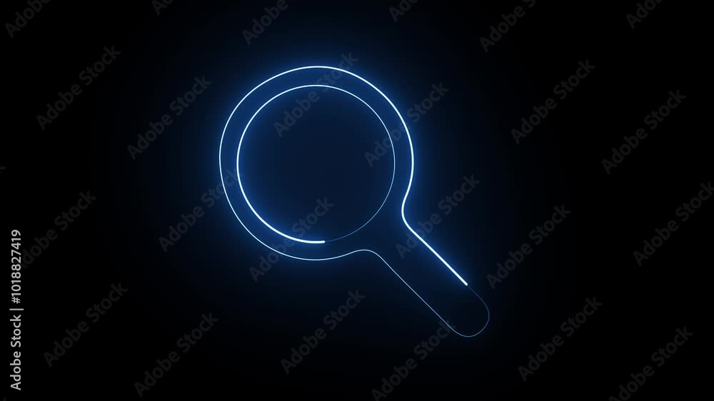 Outline neon search icon on black background. Glowing neon magnifying Glass Icon animation. Outline neon search icon on black background. Glowing neon magnifying Glass Icon animation.