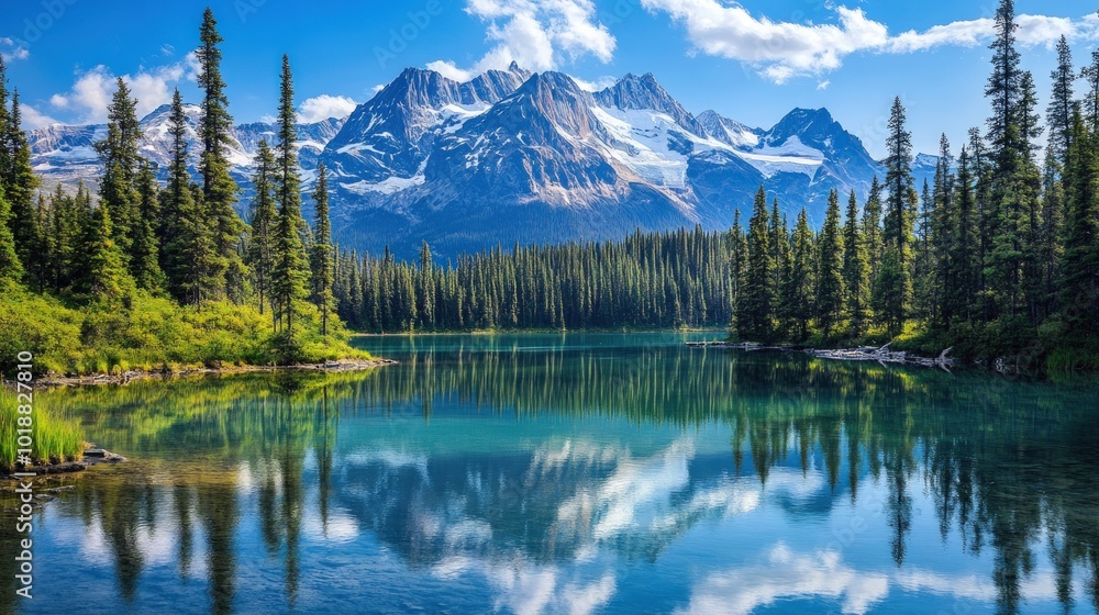 A serene mountain lake with clear blue water reflecting the snow-capped peaks and blue sky. A serene mountain lake with clear blue water reflecting the snow-capped peaks and blue sky.