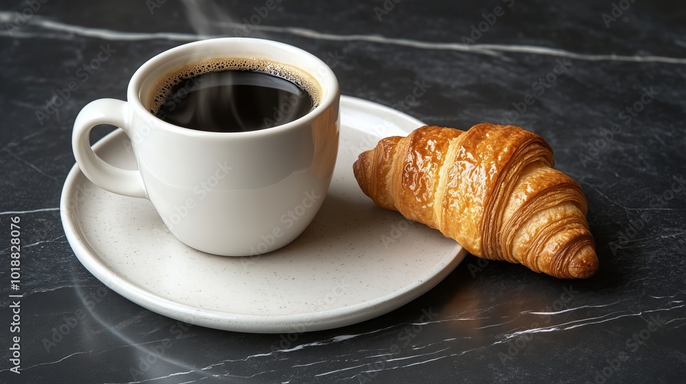 A steaming cup of coffee served with a freshly baked croissant on a marble table A steaming cup of coffee served with a freshly baked croissant on a marble table
