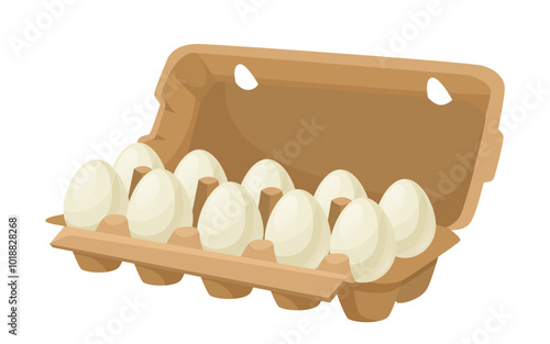 A carton filled with white eggs displayed on a plain background. Vector illustration