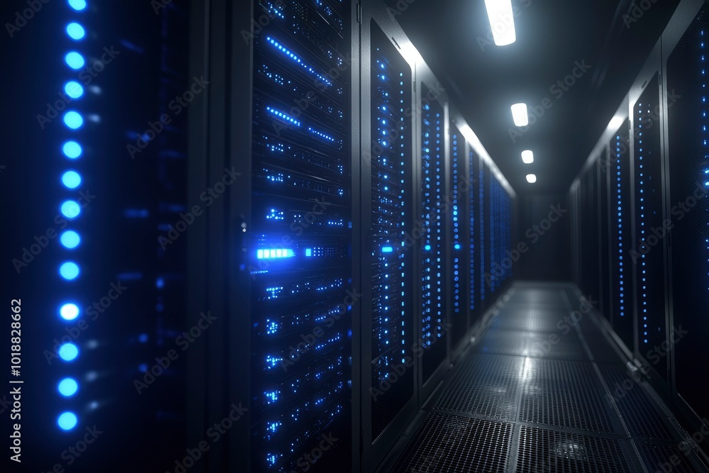 Rows of Servers with Blue Lights in a Dark Data Center Rows of Servers with Blue Lights in a Dark Data Center