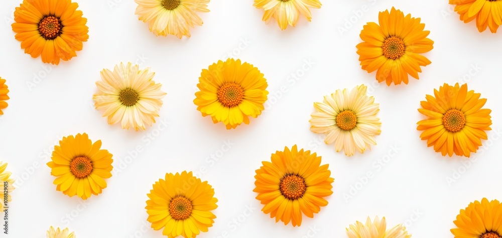 Tiny calendula flowers in pastel orange and yellow, scattered symmetrically on a white background for a natural healing touch Tiny calendula flowers in pastel orange and yellow, scattered symmetrically on a white background for a natural healing touch