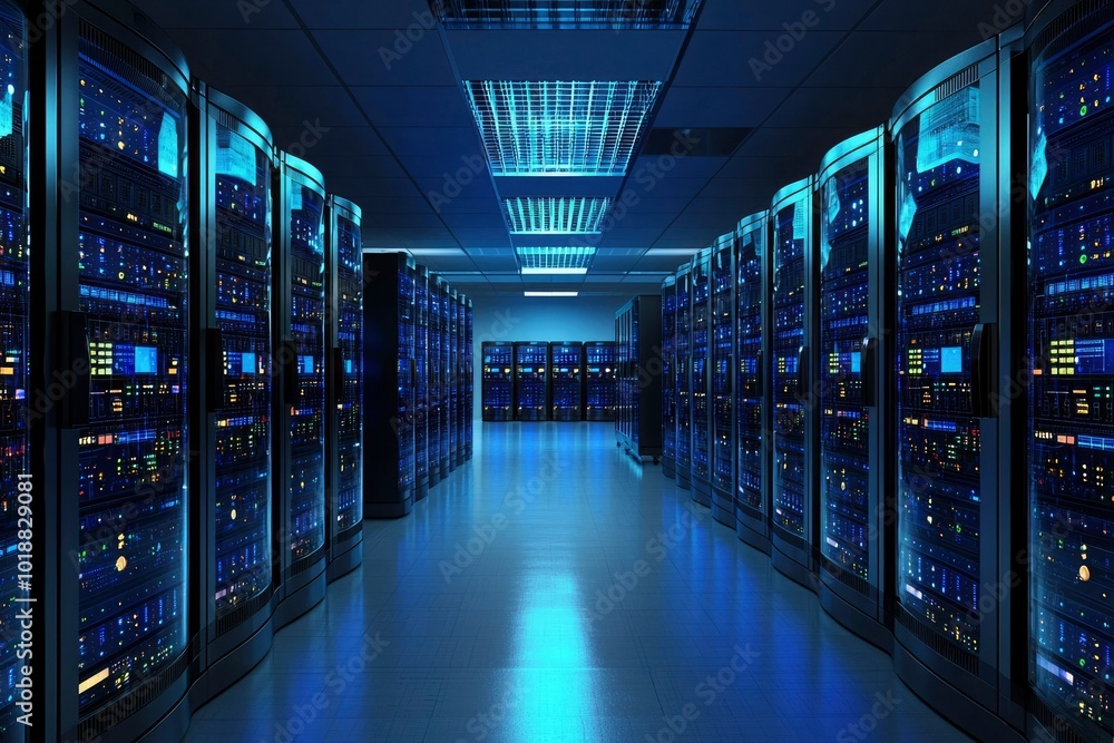 Rows of Illuminated Server Racks in a Modern Data Center Rows of Illuminated Server Racks in a Modern Data Center