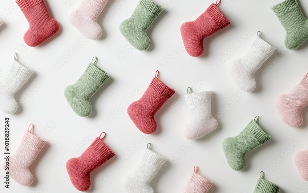 Tiny Christmas stockings in pastel red and green, scattered across a clean white backdrop for a playful holiday design Tiny Christmas stockings in pastel red and green, scattered across a clean white backdrop for a playful holiday design