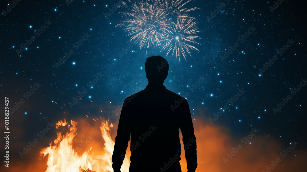 A lone silhouette gazes up at dazzling fireworks bursting above a crackling bonfire surrounded by a dark star-studded sky A lone silhouette gazes up at dazzling fireworks bursting above a crackling bonfire surrounded by a dark star-studded sky