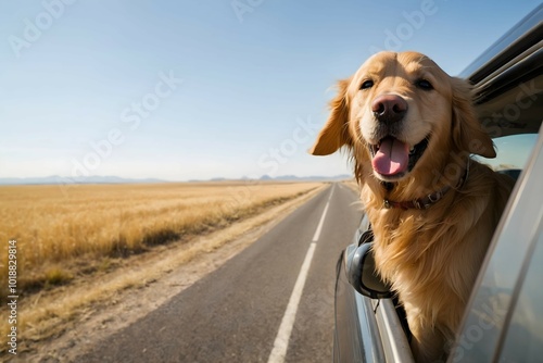 Golden retriever joyfully leans out of a car window, soaking in the thrill of a road trip.