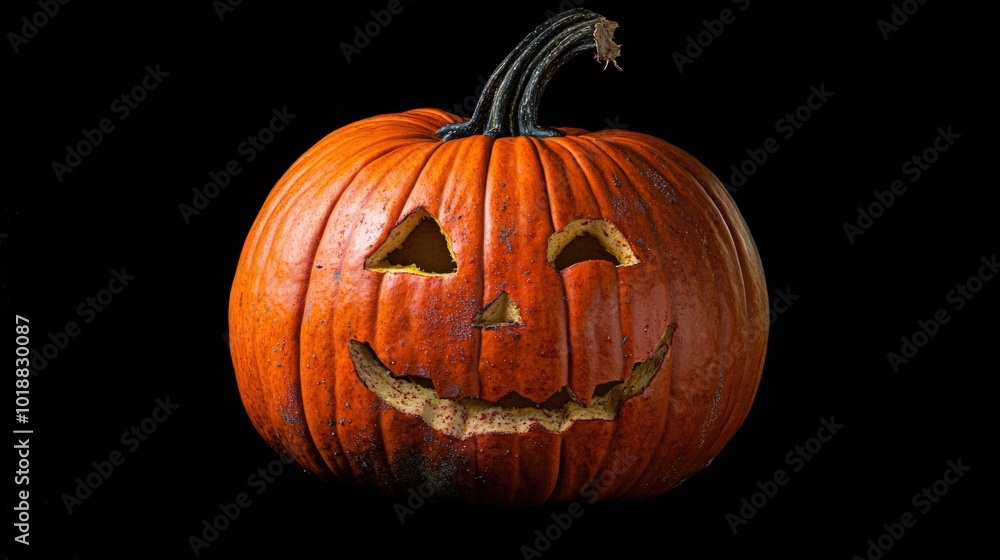 A carved pumpkin with a smiling face, isolated on a black background. A carved pumpkin with a smiling face, isolated on a black background.