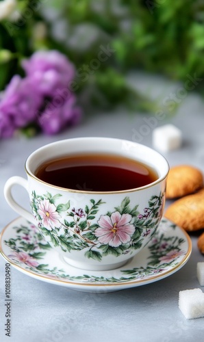 Black tea served in a classic English teacup with a delicate floral pattern, sugar cubes and biscuits nearby, afternoon tea vibe 