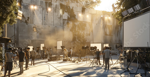 A bustling outdoor film set with crew members preparing cameras, lighting, and other equipment in a sunlit, urban environment.
