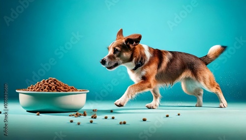 Chien se précipitant vers une gamelle de croquettes