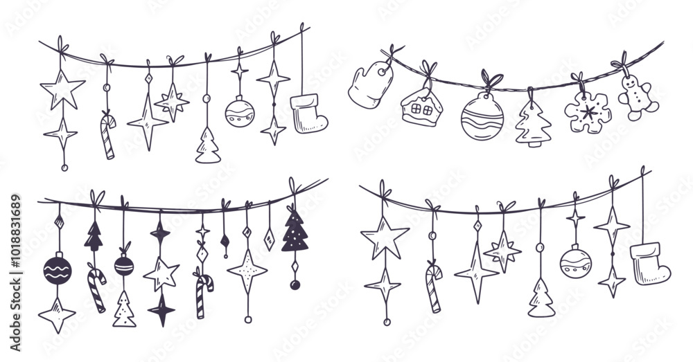 Christmas garland, new year decoration, outline, monochrome vector drawing Christmas garland, new year decoration, outline, monochrome vector drawing