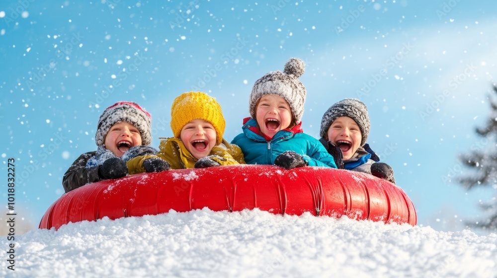 Children riding on a snow tube, speeding down a snowy hill, their laughter filling the cold air, thrilling winter fun Children riding on a snow tube, speeding down a snowy hill, their laughter filling the cold air, thrilling winter fun