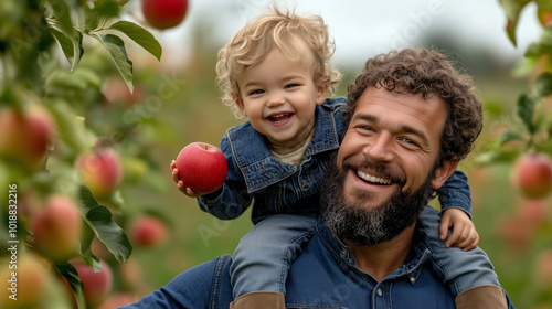 A father carrying his son on his shoulders while walking through an apple orchard.The child holds a red apple in a sunny day outdoors.Active fatherhood, participating in the upbringing of his child photo