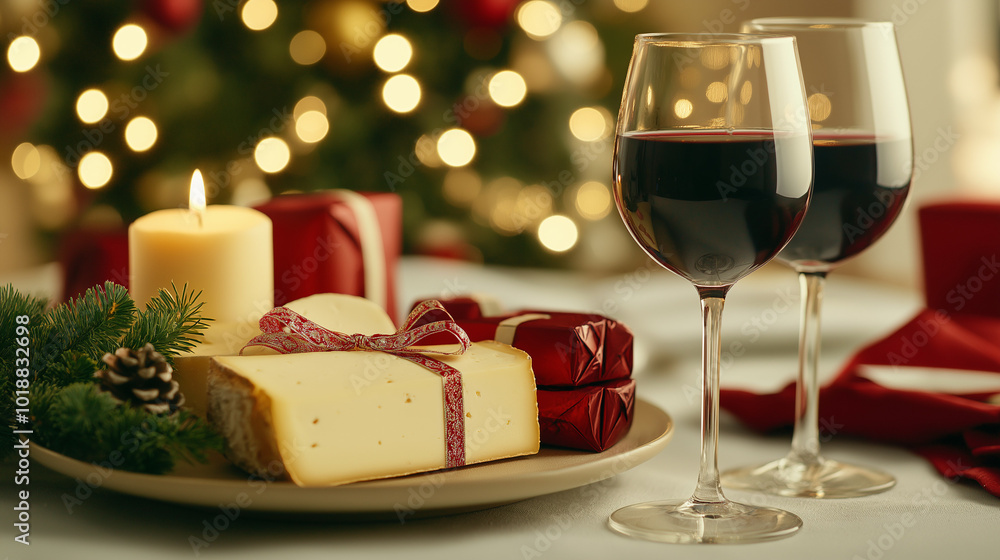 Christmas dinner table with a cheese platter, wine glasses, and holiday crackers, creating a festive and inviting setting Christmas dinner table with a cheese platter, wine glasses, and holiday crackers, creating a festive and inviting setting