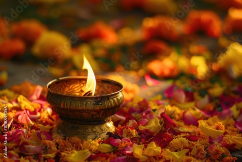 Diwali Festival: Brass Diya with Vibrant Flame on Decorated Rangoli for Festive Celebration photo