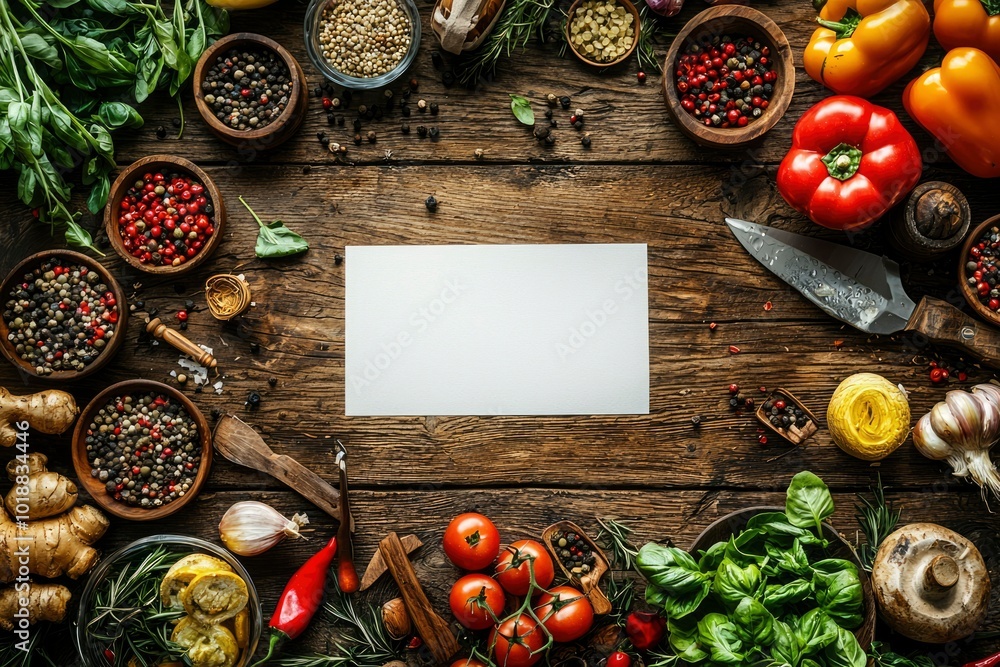 Culinary Ingredients Arranged on Rustic Wooden Surface with Blank Paper Culinary Ingredients Arranged on Rustic Wooden Surface with Blank Paper