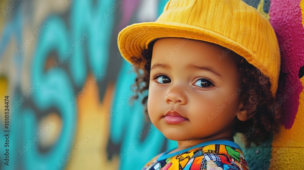 A young child with curly hair and a yellow hat poses against a vibrant graffiti background. A young child with curly hair and a yellow hat poses against a vibrant graffiti background.
