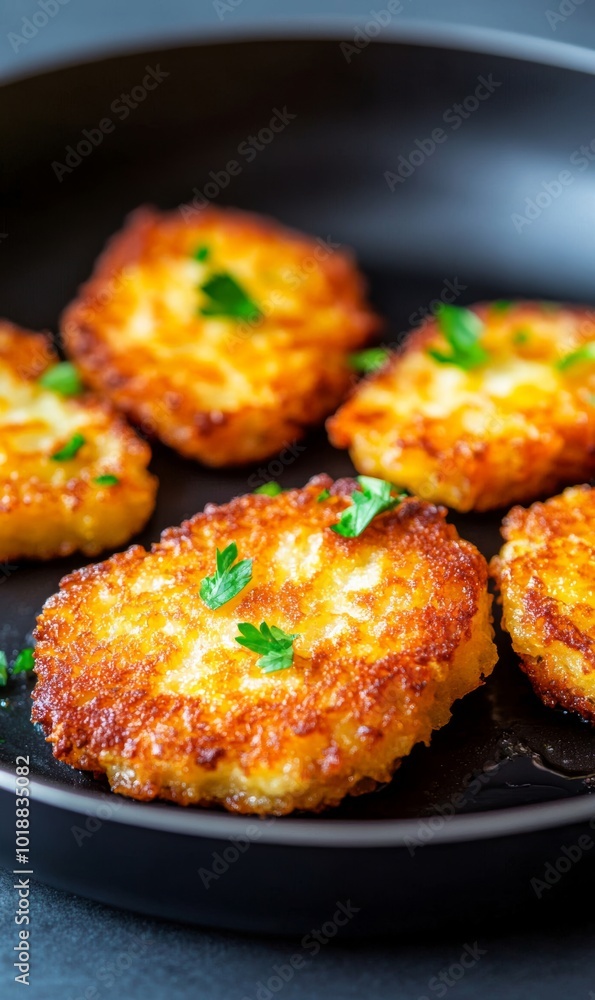 Close-up of latkes frying in a pan, golden and crispy, symbolizing the traditional Hanukkah food made in oil Close-up of latkes frying in a pan, golden and crispy, symbolizing the traditional Hanukkah food made in oil