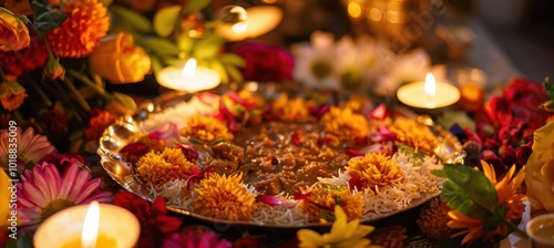 Traditional Tihar Sweets Display with Vibrant Flowers and Candles for Festive Celebration