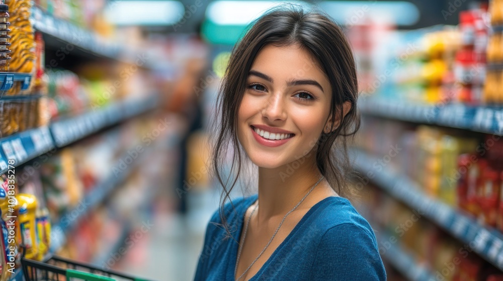 A smiling young woman shopping in a grocery store aisle filled with products. A smiling young woman shopping in a grocery store aisle filled with products.