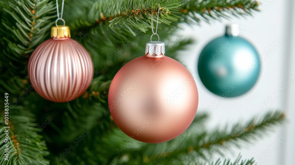 Close-up of retro glass Christmas ornaments in soft pastel colors hanging on a vintage fir tree, warm and nostalgic Close-up of retro glass Christmas ornaments in soft pastel colors hanging on a vintage fir tree, warm and nostalgic