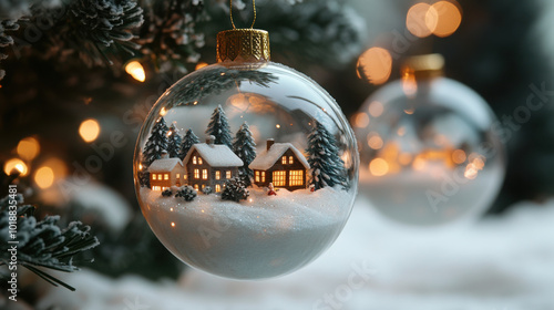 Festive atmosphere in a glass ball, snow, house, snowman, fir trees.