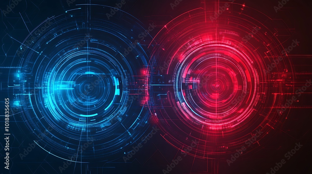 Fototapeta premium Abstract digital technology background with two glowing circles in blue and red.