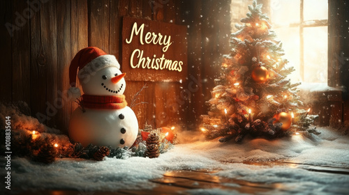Christmas tree with garland and snowman next to it, on a wooden background, with the inscription "Merry Christmas" on the wall, warm light, dark brown color, photo realistic style, high resolution, 
