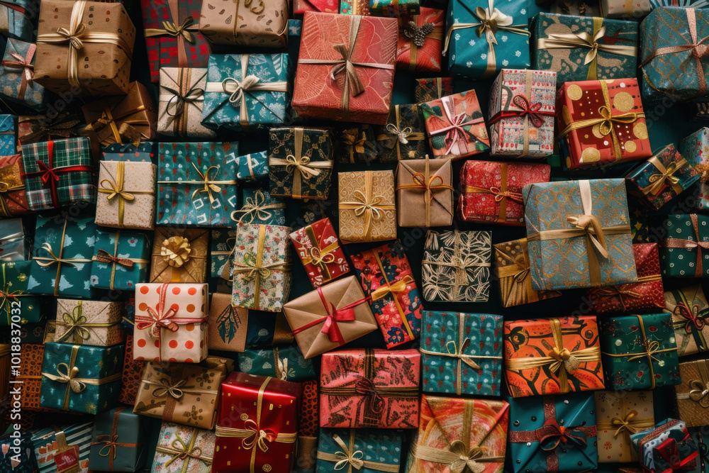 huge pile of presents wrapped in an assortment of patterns and colors,view from above. huge pile of presents wrapped in an assortment of patterns and colors,view from above.