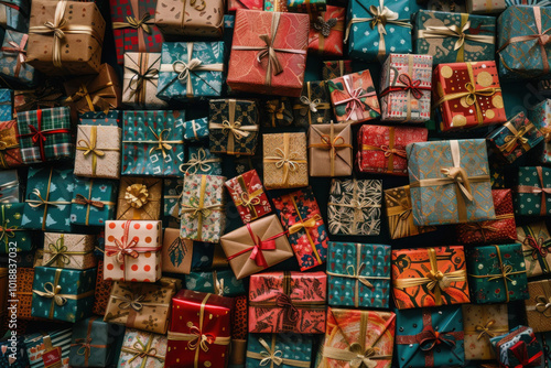 huge pile of presents wrapped in an assortment of patterns and colors,view from above.