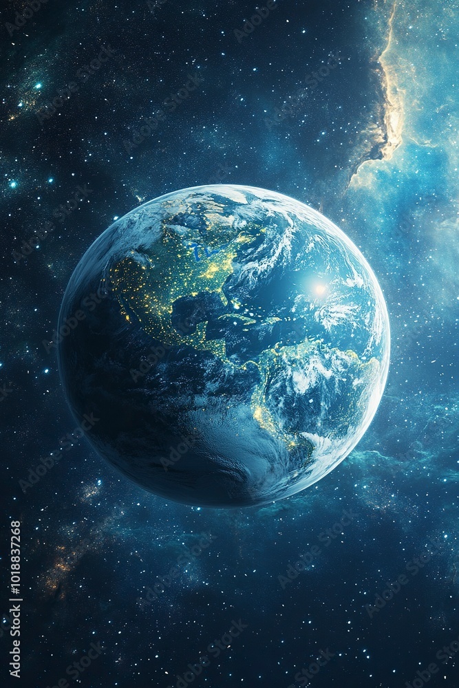 Obraz premium beautiful planet in space with abstract lines, science fiction, space flight, starry sky and nebula on a blue background, abstract space 3d illustration, background, generative ai