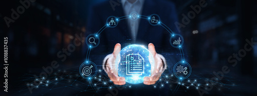 Obraz na plátně Document Management: Businessman hands hold global document management technology, workflow, version control, accessibility, security, storage, compliance, collaboration