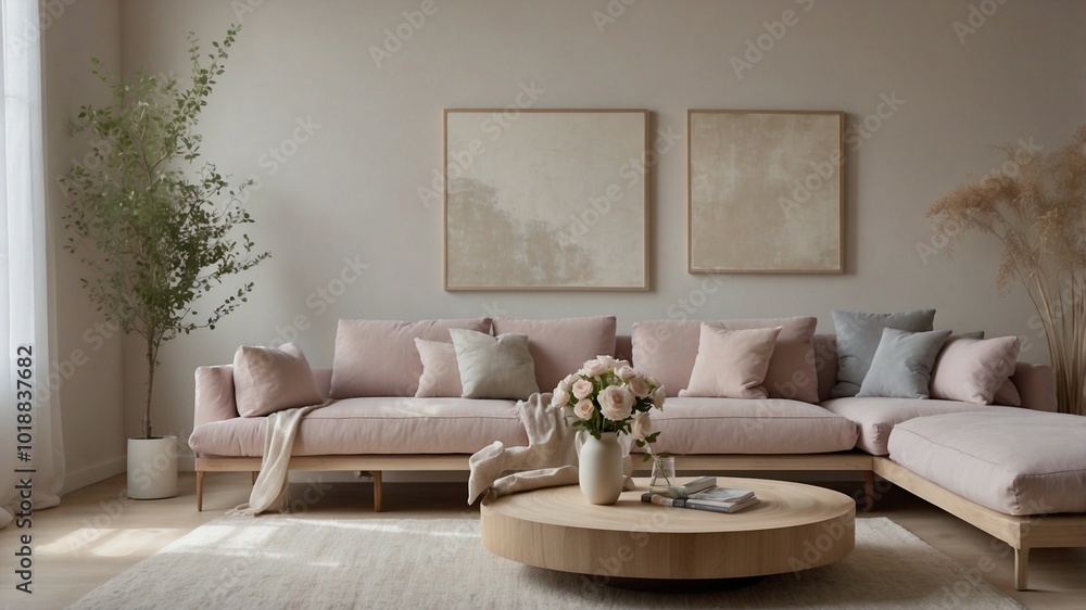 Fototapeta premium Cozy Living Room Design Featuring Gentle Pastel Colors and an Elegant Empty Canvas Wall Art