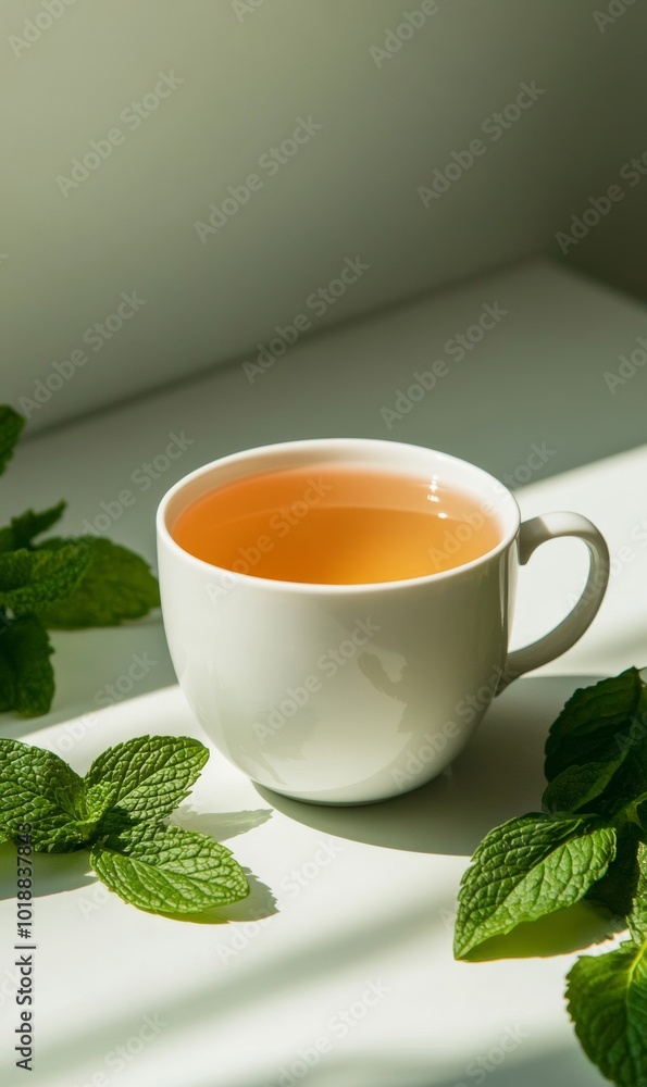 Cup of peppermint tea on a table surrounded by fresh mint leaves, soft sunlight pouring in, calming herbal tea theme 