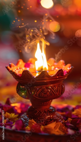 Brightly Lit Clay Oil Lamp Amidst Flower Petals for Bandi Chhor Divas Celebration photo