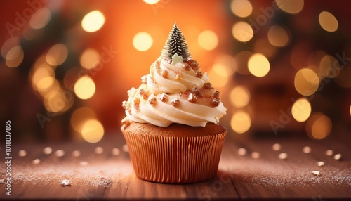 Christmas cupcake decorated with lucky trees on table with bright bokeh background