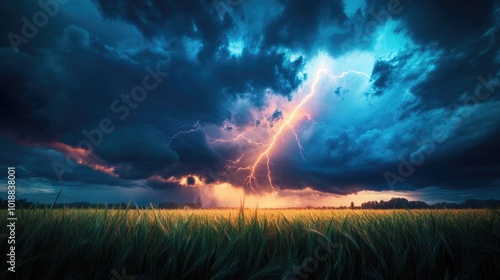 Powerful lightning strikes with dark blue and red storm clouds above the field. Scary lightning bolt in night sky