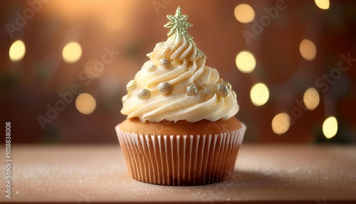 Christmas cupcake decorated with snowflakes and fir trees on table with bright bokeh background