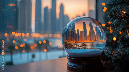 summer sunset dubai beach skyscrapers and palm trees in snow globe on wooden table near christmas tree
