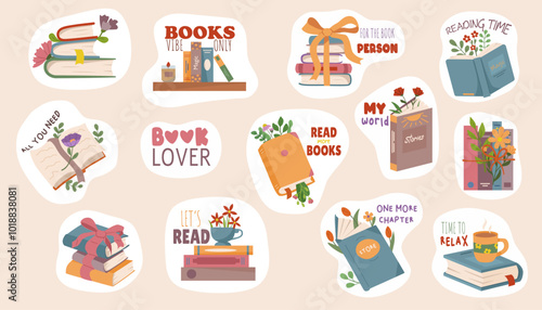 Various stickers featuring books and flowers on a light background. Vector illustration